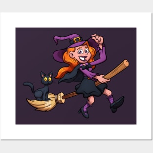 Cute Witch On Broom With Black Cat Posters and Art